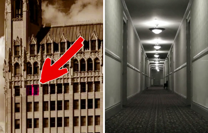 Red arrow pointing to a mysterious window on a building, next to a long, dimly lit eerie hallway representing urban legends.