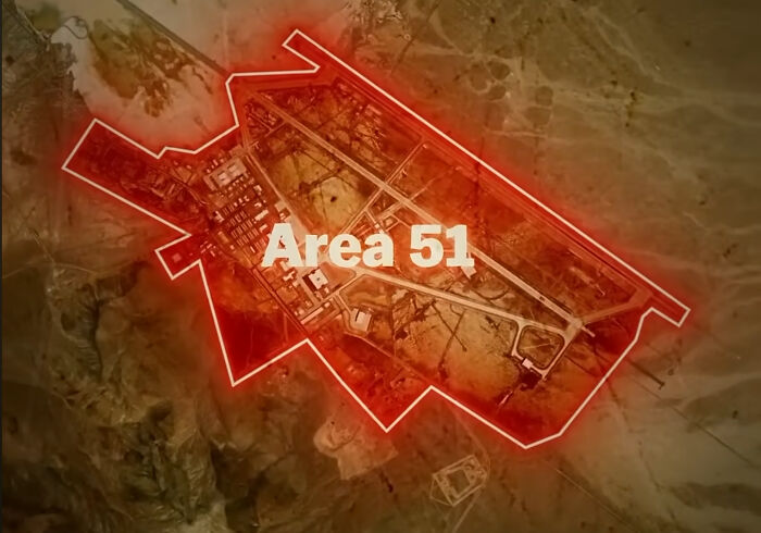 Aerial view of Area 51 outlined in red, highlighting a site linked to popular urban legends and conspiracy theories.