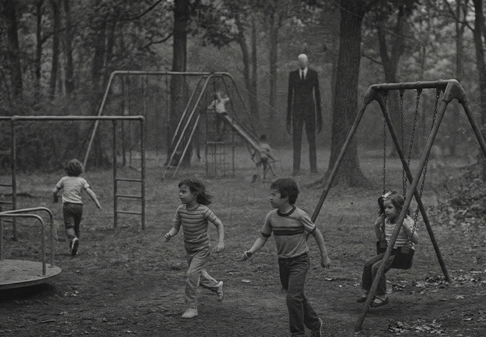 Children playing in a dark playground with a mysterious tall figure in the background, evoking urban legends and eerie folklore.
