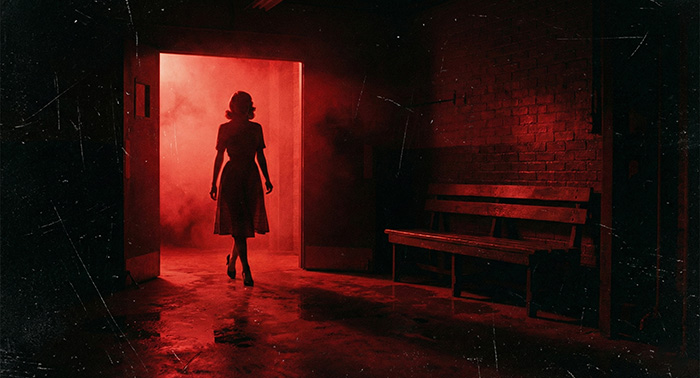 Silhouetted woman walking through eerie red-lit doorway in dark room, evoking chilling urban legends atmosphere.