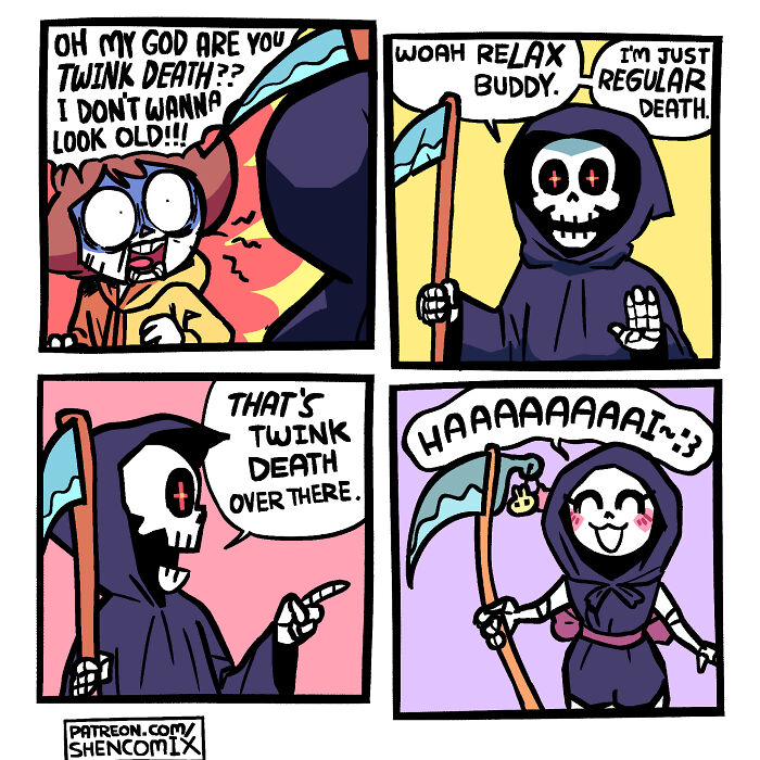 Comic panels from Shen Comix featuring humorous characters illustrating relatable adult life situations with death figures.