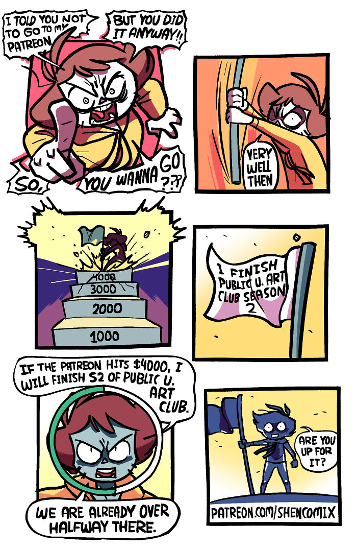 Comic panels from Shen Comix showing a character determined to reach Patreon goals, reflecting adult life challenges.