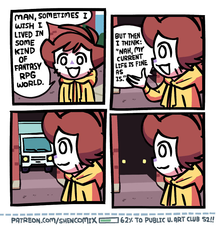 Comic strip by Shen Comix showing a character reflecting on adult life and fantasy RPG worlds with humor and charm.