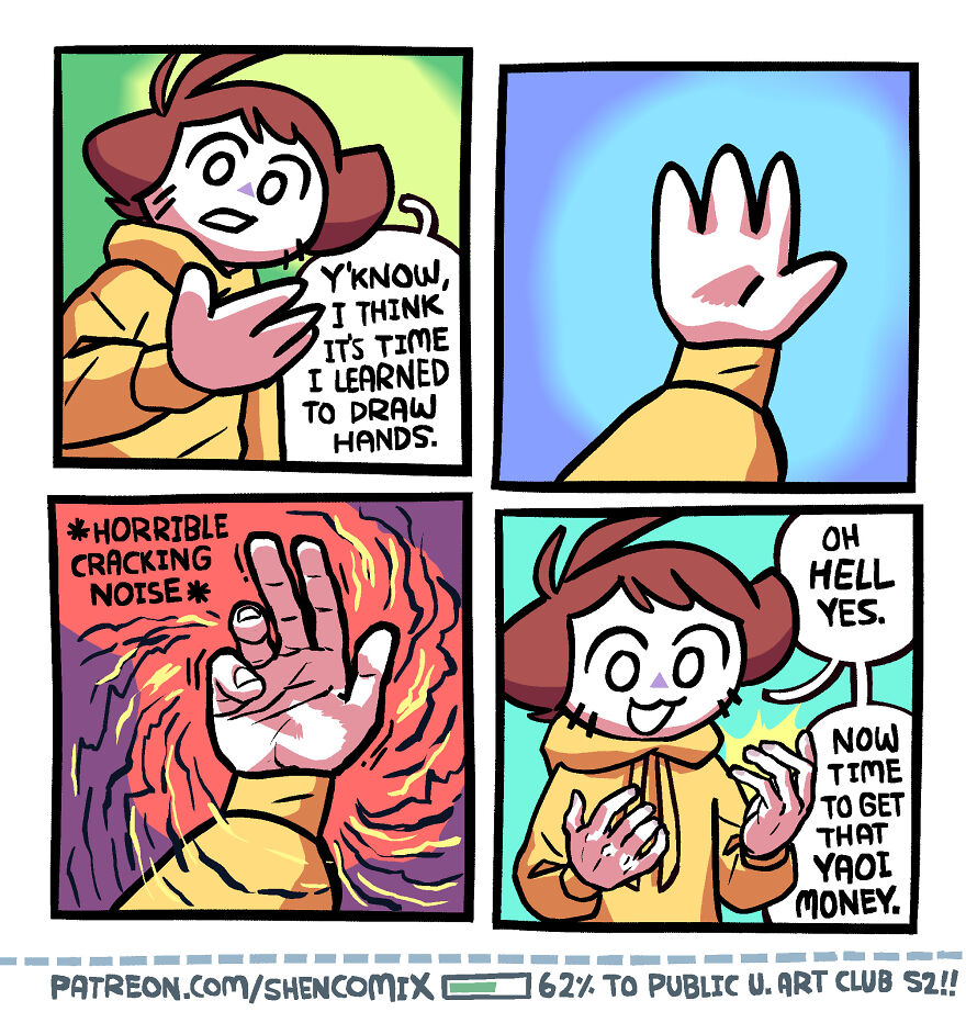 Comic panels showing a character practicing drawing hands in a humorous way, a relatable adulthood and life comic by Shen Comix.