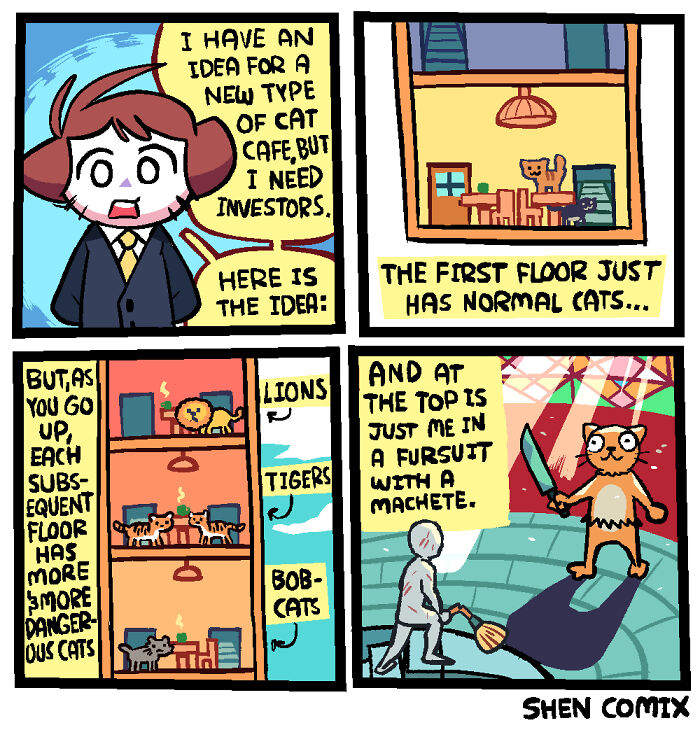 Comic by Shen Comix showing a cat cafe with floors of increasingly dangerous cats, illustrating adult life humor.