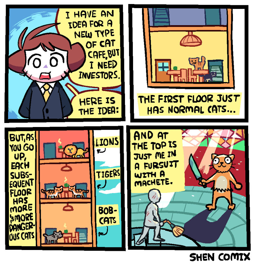 Comic panels showing a person pitching a cat cafe with floors of increasingly dangerous cats, from normal cats to lions and tigers.