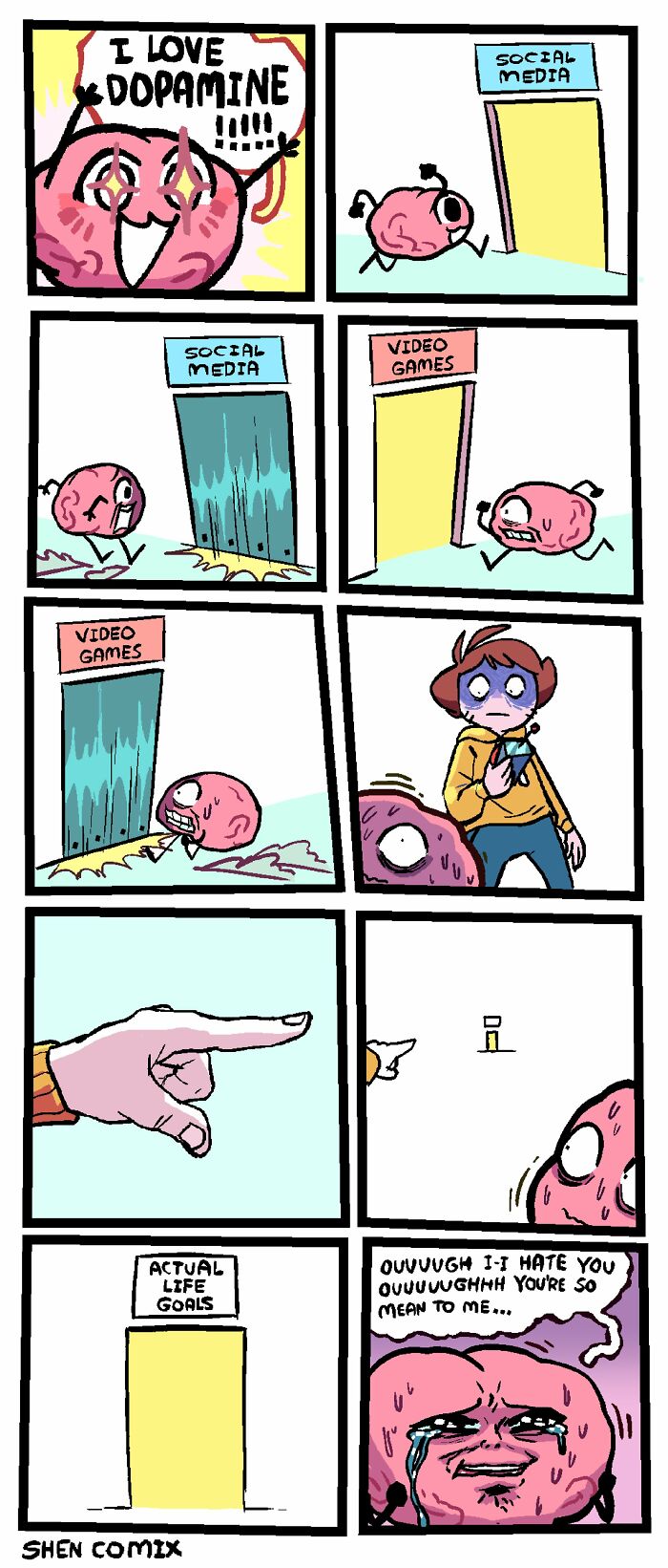Comic depicting adult life with a brain chasing dopamine through social media and video games, facing actual life goals.