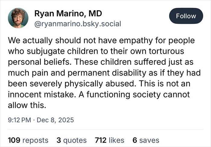 Tweet from MD Ryan Marino condemning pseudoscience causing harm and disability to children highlighting urgent societal change needed. Tweet from MD Ryan Marino condemning pseudoscience causing harm and disability to children highlighting urgent societal change needed.
