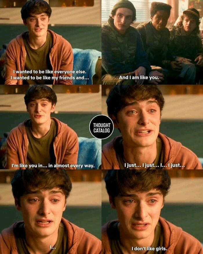 Stranger Things 5 character tearfully confesses feelings, scene reflecting emotional cringe and online brutal roast reaction.