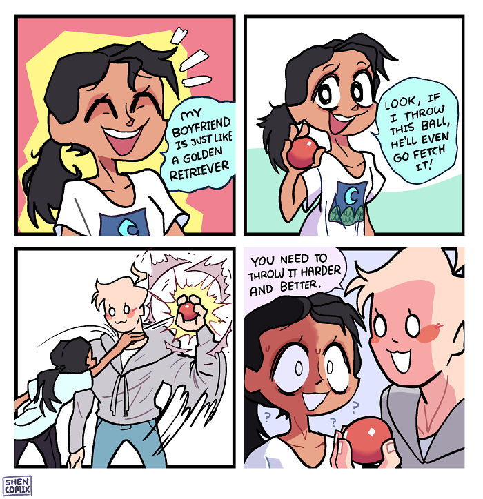 Comic panels by Shen Comix showing a humorous interaction between a couple, illustrating adult life with playful dialogue and expressions.