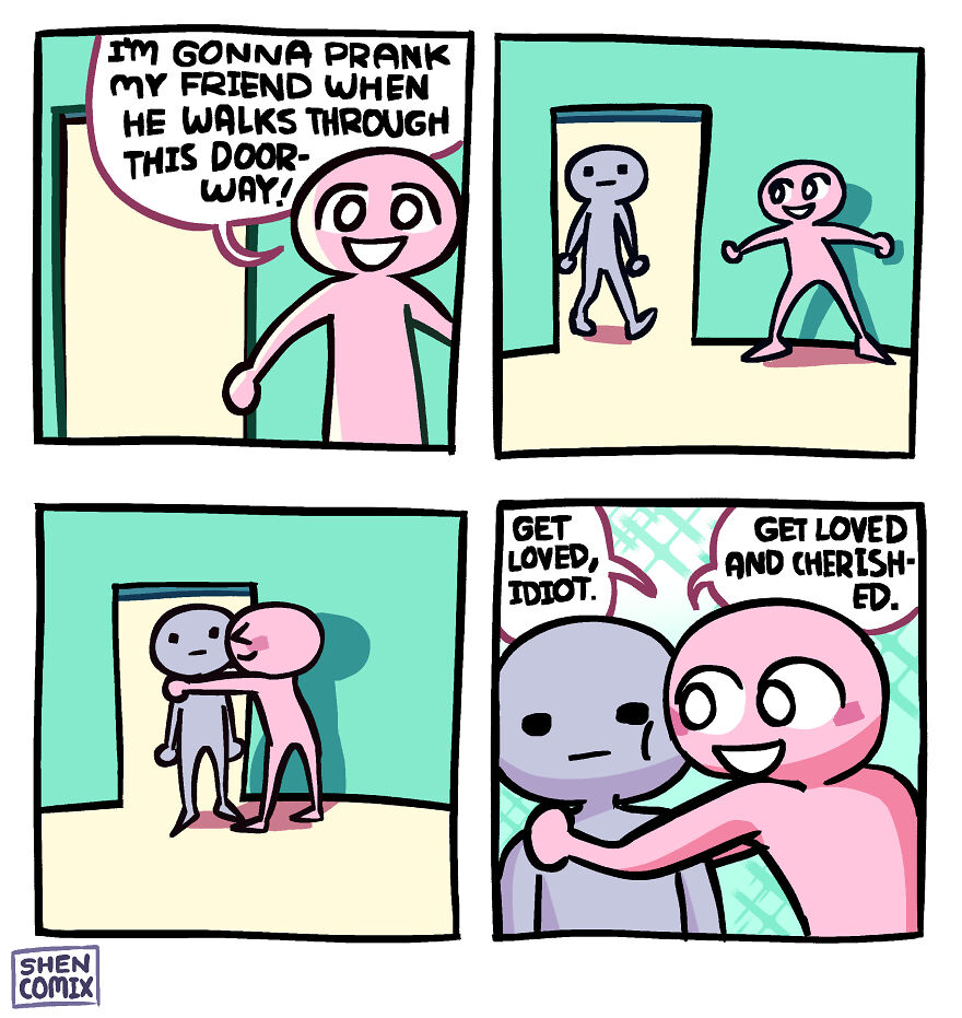 Comic panels showing a humorous prank with characters conveying messages about love in adulthood and life by Shen Comix.