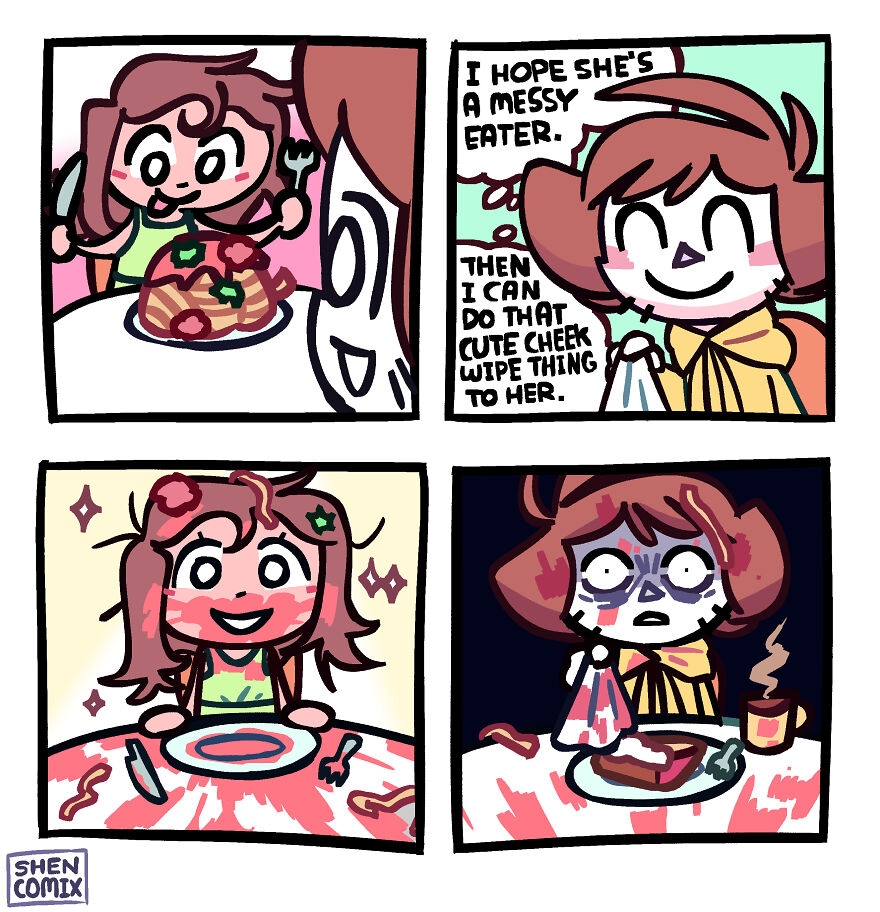 Comic panels showing a funny messy eater scenario depicting adulthood challenges by Shen Comix.
