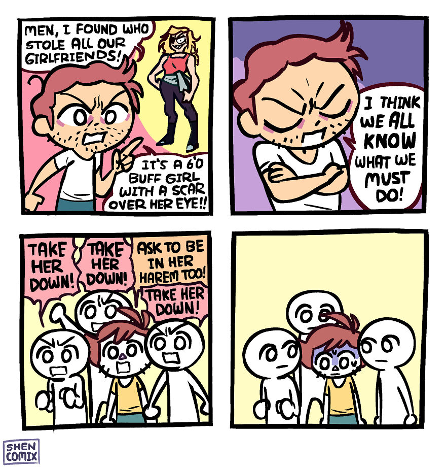 Comic strip from Shen Comix showing men reacting to a buff girl with a scar, illustrating humor about adulthood and life.