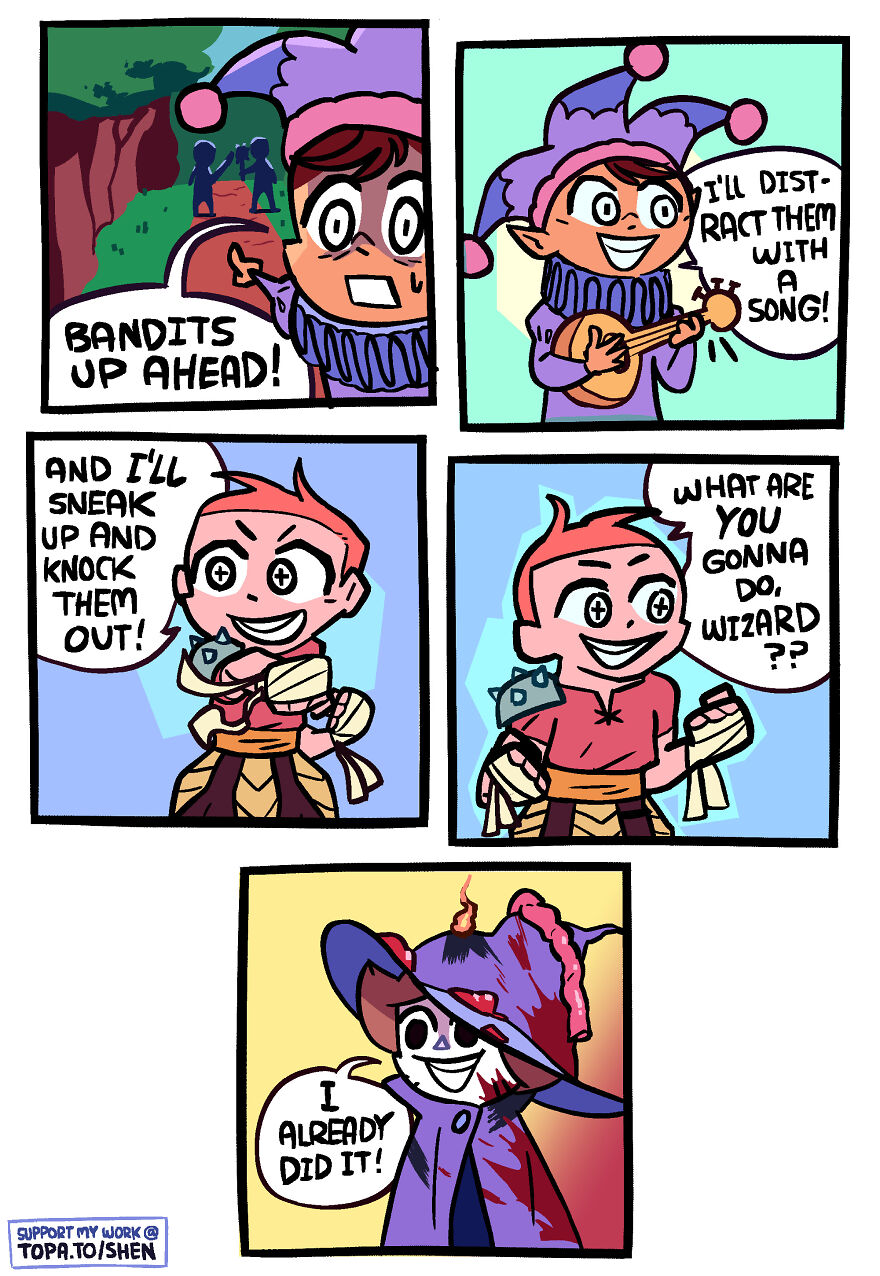 Comic panels featuring characters in fantasy attire with humorous dialogue, illustrating Shen Comix's hilarious and accurate comics about adulthood life.