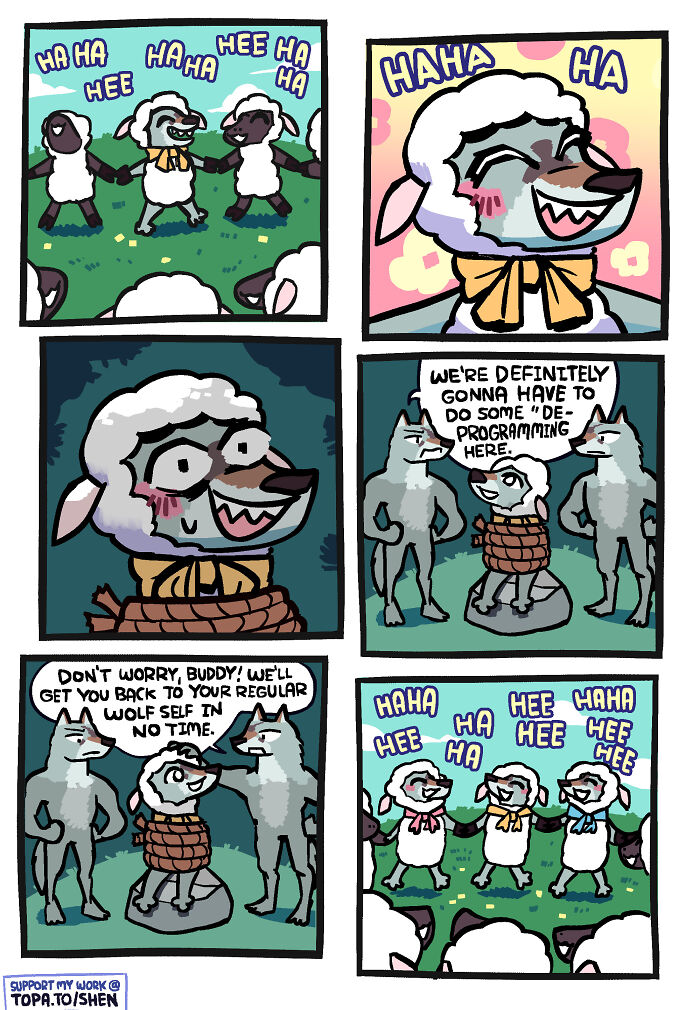 Comic panels by Shen Comix featuring a sheep in disguise among wolves, highlighting humor and adult life challenges.