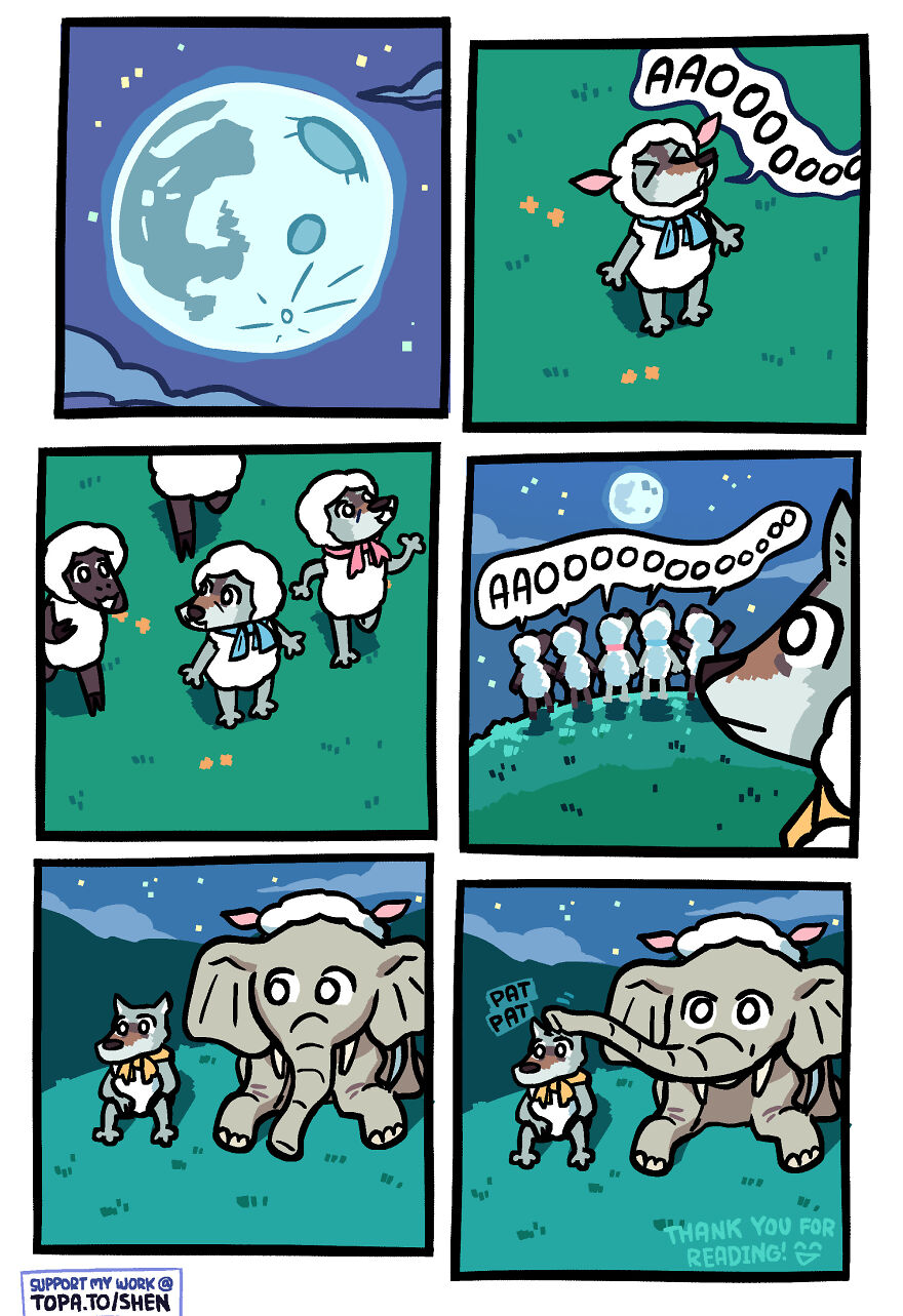 Comic panels with animals howling at the moon, illustrating hilariously accurate adulthood and life moments from Shen Comix.
