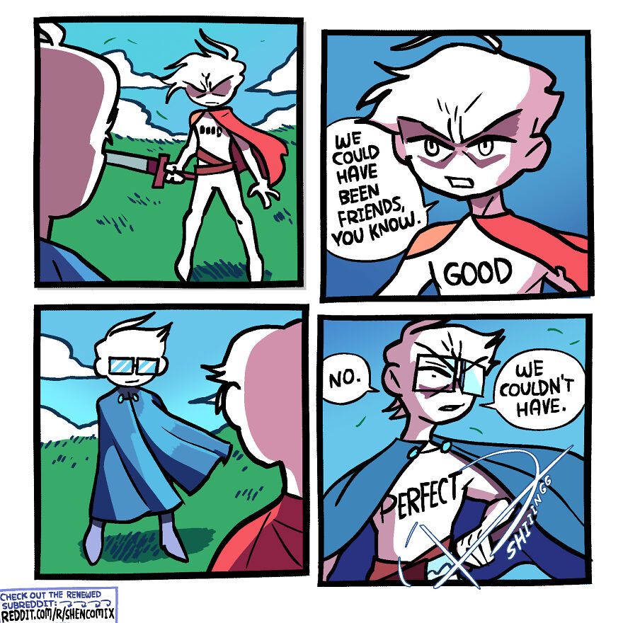 Comic panels showing two stylized characters in capes having a dramatic conversation about friendship, from a Shen Comix comic.