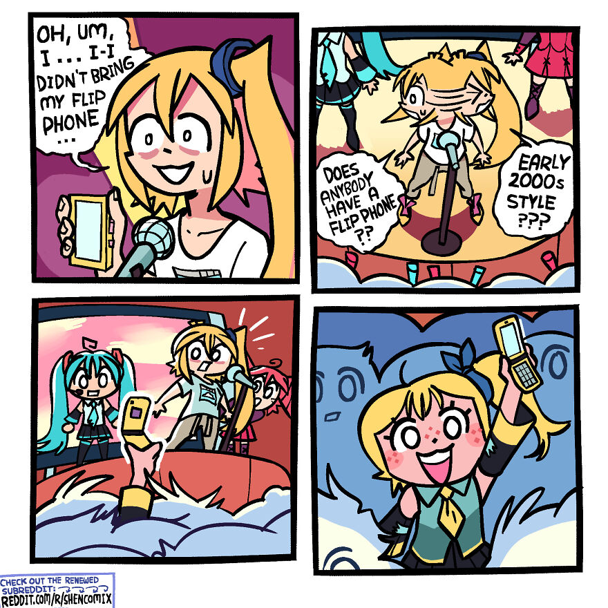 Comic panels depicting a girl humorously asking for a flip phone, highlighting relatable adulthood and life moments in Shen Comix style.