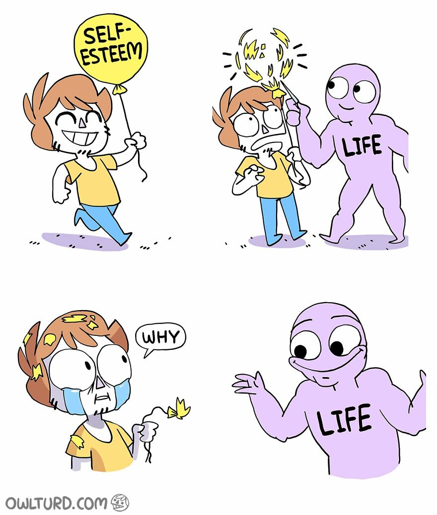 Comic showing a person’s self-esteem balloon burst by life character, depicting adulthood and life challenges.
