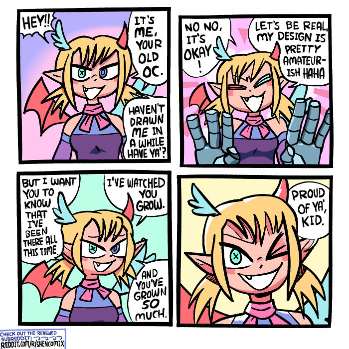 Comic character from Shen Comix expresses self-reflection and growth in a colorful, humorous adult life illustration.