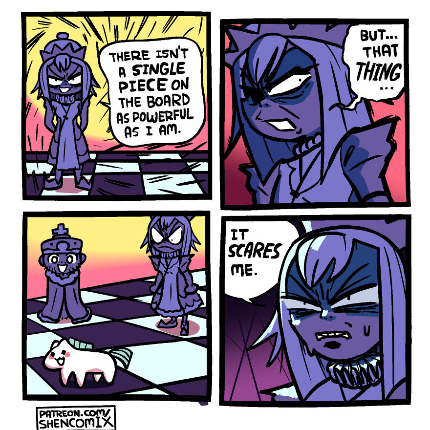 Comic panels showing a purple character on a chessboard expressing fear, from hilariously accurate adulthood and life comics.