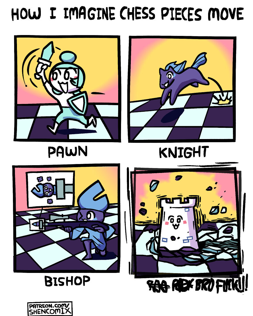 Comic depicting how chess pieces move with humorous and exaggerated actions in a Shen Comix style about adulthood and life.