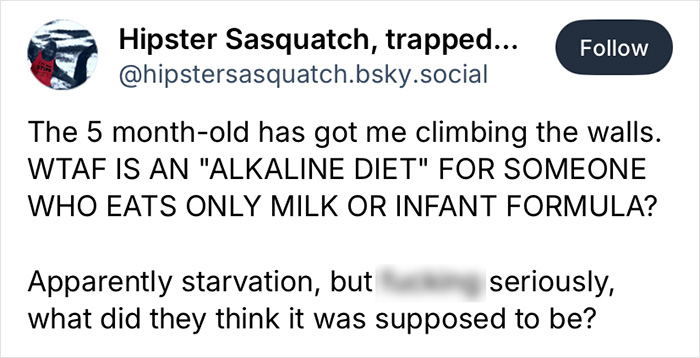 Tweet expressing frustration over parents' pseudoscience leading to 5-month-old's death from improper alkaline diet. Tweet expressing frustration over parents' pseudoscience leading to 5-month-old's death from improper alkaline diet.