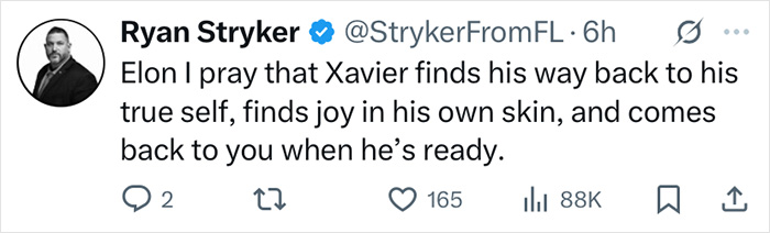 Tweet from Ryan Stryker expressing hope for Xavier to find his true self amid Elon Musk’s tragic mental illness comment controversy. Tweet from Ryan Stryker expressing hope for Xavier to find his true self amid Elon Musk’s tragic mental illness comment controversy.