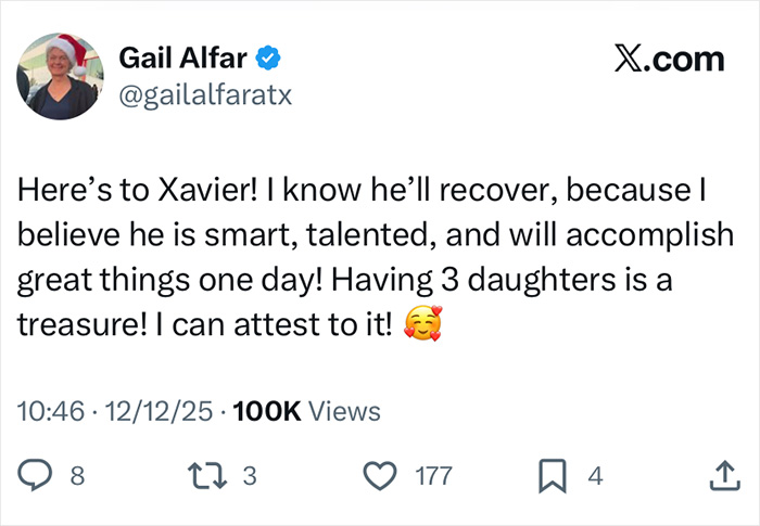 Tweet from Gail Alfar expressing support and mentioning daughters in the context of tragic mental illness comments online. Tweet from Gail Alfar expressing support and mentioning daughters in the context of tragic mental illness comments online.