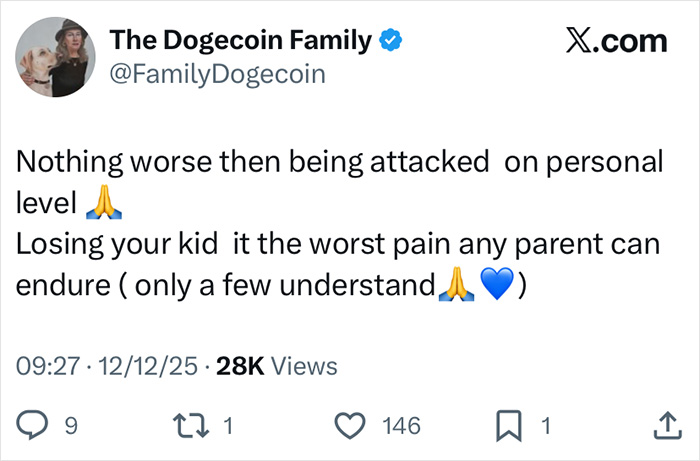 Tweet from The Dogecoin Family expressing pain about losing a child amid comments on tragic mental illness controversy. Tweet from The Dogecoin Family expressing pain about losing a child amid comments on tragic mental illness controversy.