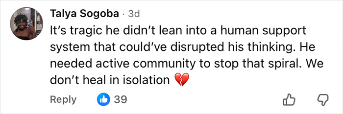 Comment expressing sadness over lack of human support, linking ChatGPT to turning son against mother in a tragic spiral. Comment expressing sadness over lack of human support, linking ChatGPT to turning son against mother in a tragic spiral.