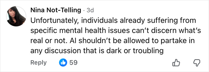 Comment warning that AI should not engage in dark or troubling discussions due to mental health risks, mentioning ChatGPT fears. Comment warning that AI should not engage in dark or troubling discussions due to mental health risks, mentioning ChatGPT fears.