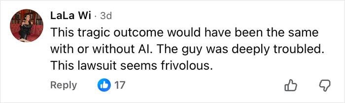 User comment expressing opinion on AI's role in a tragic outcome amid ChatGPT accused of turning son against mother case. User comment expressing opinion on AI's role in a tragic outcome amid ChatGPT accused of turning son against mother case.