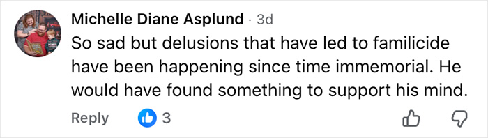 User comment discussing delusions linked to familicide and mental support in an online conversation about ChatGPT accusations. User comment discussing delusions linked to familicide and mental support in an online conversation about ChatGPT accusations.