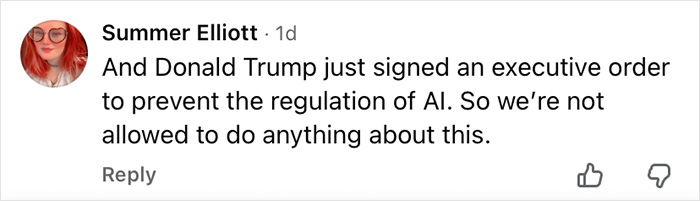 Comment by Summer Elliott on AI regulation and ChatGPT’s role in family conflict, discussing the impact of AI on personal relationships. Comment by Summer Elliott on AI regulation and ChatGPT’s role in family conflict, discussing the impact of AI on personal relationships.