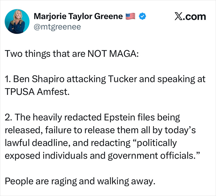 Tweet by Marjorie Taylor Greene discussing heavily redacted Epstein files and public reaction to the release deadline. Tweet by Marjorie Taylor Greene discussing heavily redacted Epstein files and public reaction to the release deadline.