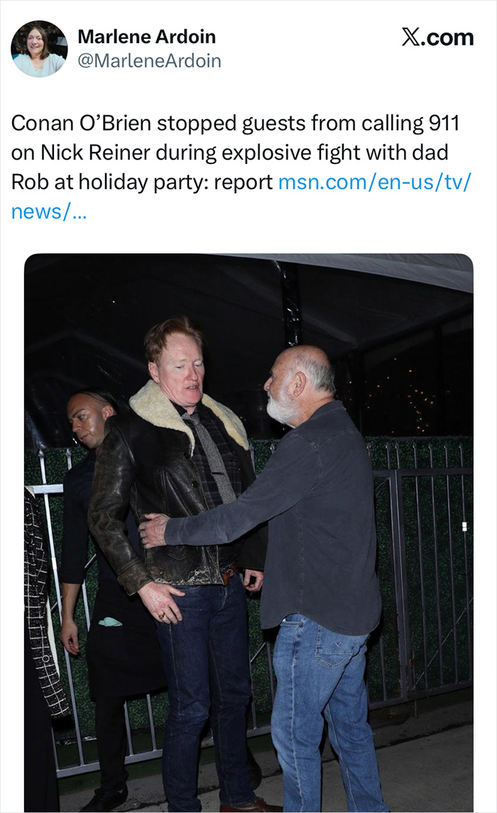 Conan O’Brien intervening to stop 911 call during Nick Reiner’s intense fight with dad at a party outdoors at night. Conan O’Brien intervening to stop 911 call during Nick Reiner’s intense fight with dad at a party outdoors at night.