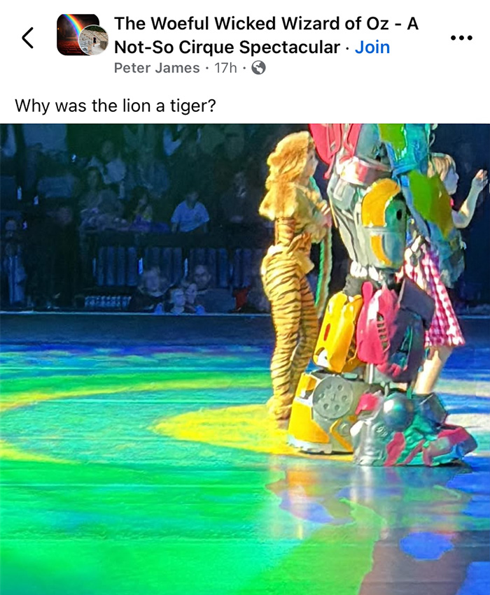 Actors in a Wizard of Oz performance in colorful costumes, including a tiger-striped lion and a robot character on stage.