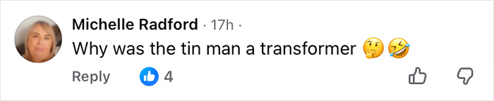 Comment from Michelle Radford questioning why the Tin Man was a transformer, relating to Wizard Of Oz performance outrage. Comment from Michelle Radford questioning why the Tin Man was a transformer, relating to Wizard Of Oz performance outrage.