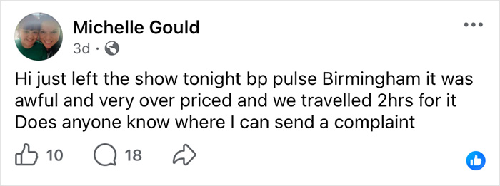 Facebook post from an audience member expressing disappointment with Wizard Of Oz performance at Birmingham. Facebook post from an audience member expressing disappointment with Wizard Of Oz performance at Birmingham.