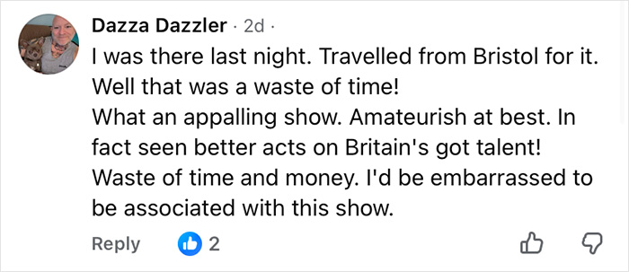 Social media comment criticizing Wizard Of Oz performance as amateurish, appalling, and a waste of time and money.