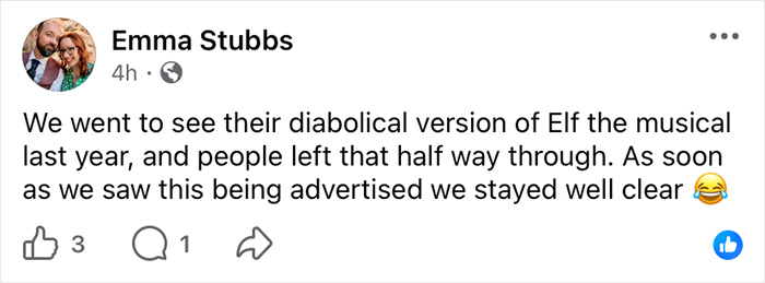 Social media post sharing a negative reaction to a Wizard of Oz performance that outraged the audience.