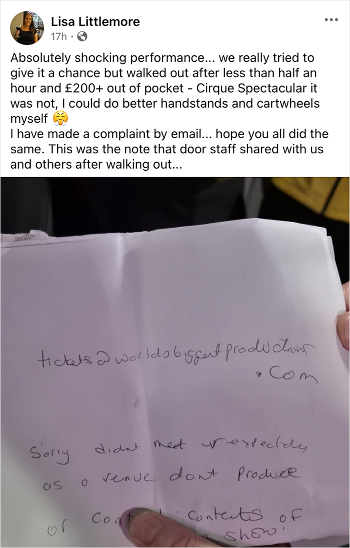 Audience outrage over Wizard Of Oz performance leads to hundreds walking out, with complaints about ticket value and show quality.