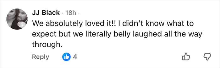 Comment from JJ Black praising the Wizard Of Oz performance, highlighting unexpected humor despite audience outrage.