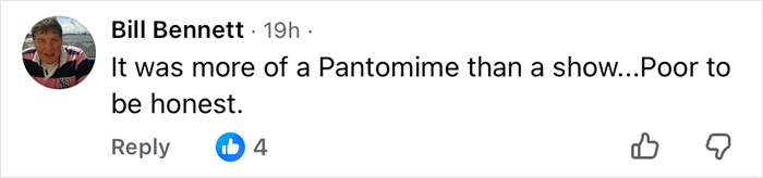 Comment from Bill Bennett criticizing a Wizard of Oz performance, reflecting audience outrage and walkouts.