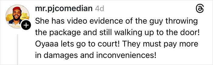 Comment discussing video evidence of a delivery driver allegedly causing a woman’s Christmas gift to get shattered. Comment discussing video evidence of a delivery driver allegedly causing a woman’s Christmas gift to get shattered.