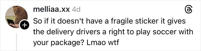 Comment on social media about delivery driver causing a Christmas gift to get shattered, questioning package handling care. Comment on social media about delivery driver causing a Christmas gift to get shattered, questioning package handling care.