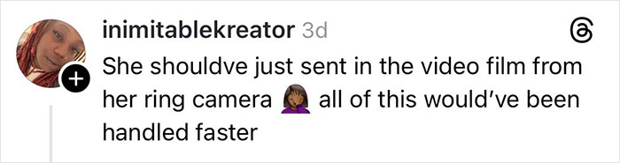 Comment about sending video from ring camera to resolve Christmas gift damage claim involving delivery driver, shared on social media. Comment about sending video from ring camera to resolve Christmas gift damage claim involving delivery driver, shared on social media.