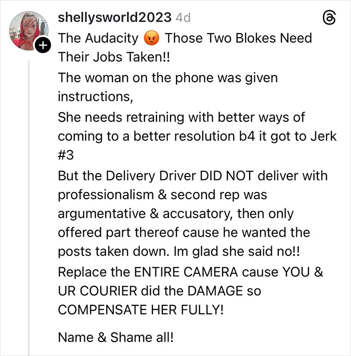 Comment discussing a woman claiming her Christmas gift was shattered by delivery driver and urging full compensation. Comment discussing a woman claiming her Christmas gift was shattered by delivery driver and urging full compensation.