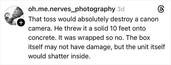 Comment describing delivery driver tossing a package, causing a fragile Christmas gift to shatter inside the box. Comment describing delivery driver tossing a package, causing a fragile Christmas gift to shatter inside the box.